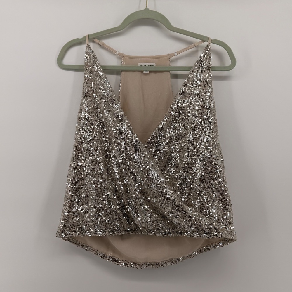 Love On A Hanger Women's Sequin Wrap Tank Top Silver Champagne Medium Festival